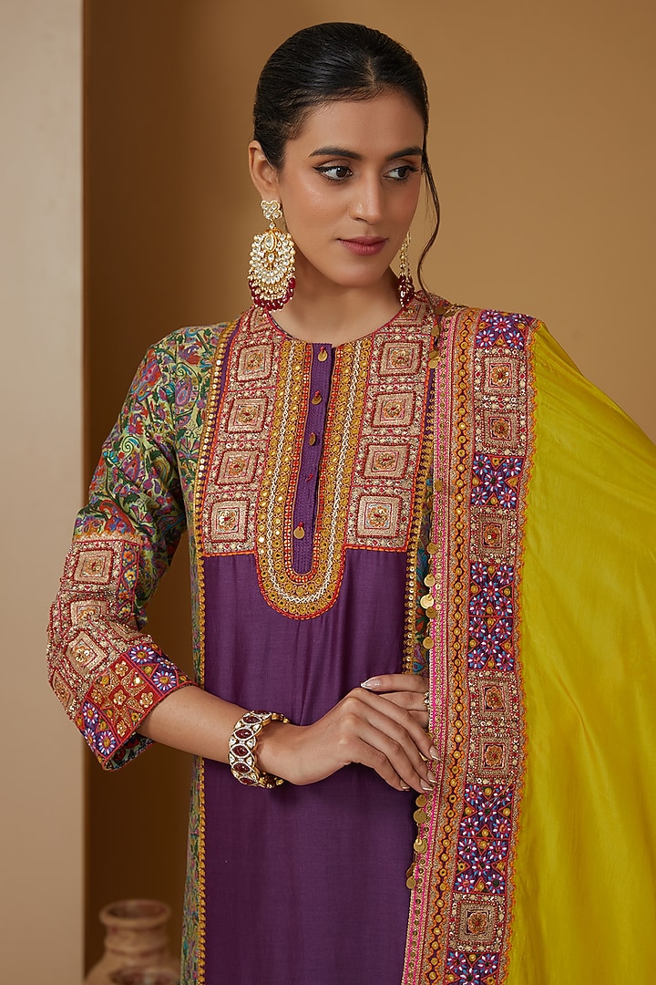 Purple Chanderi Silk Long Kurta Set by Debyani at Pernia's Pop Up Shop
