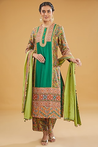 Green Chanderi Silk Kurta Set by Debyani