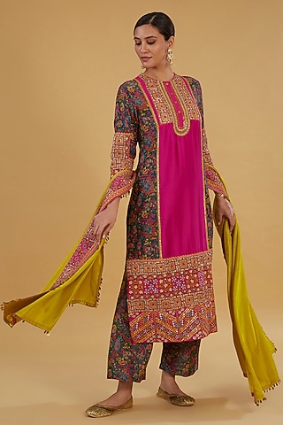 Red Rani Chanderi Silk Hand & Machine Embroidered Kurta Set by Debyani
