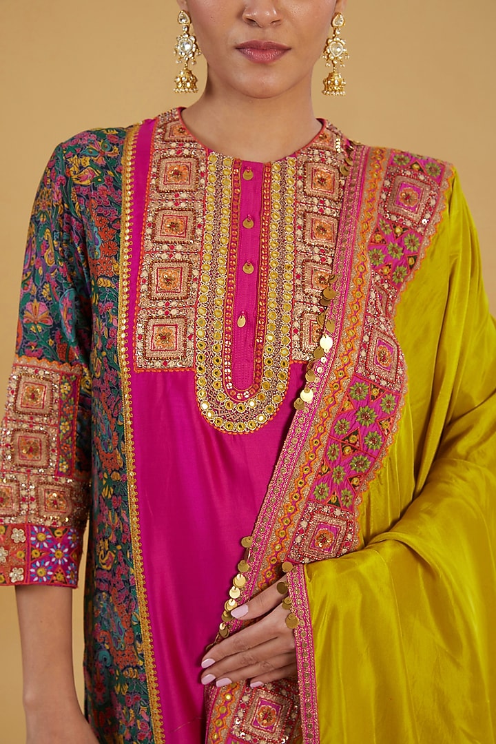 Red Rani Chanderi Silk Hand & Machine Embroidered Kurta Set by Debyani at Pernia's Pop Up Shop