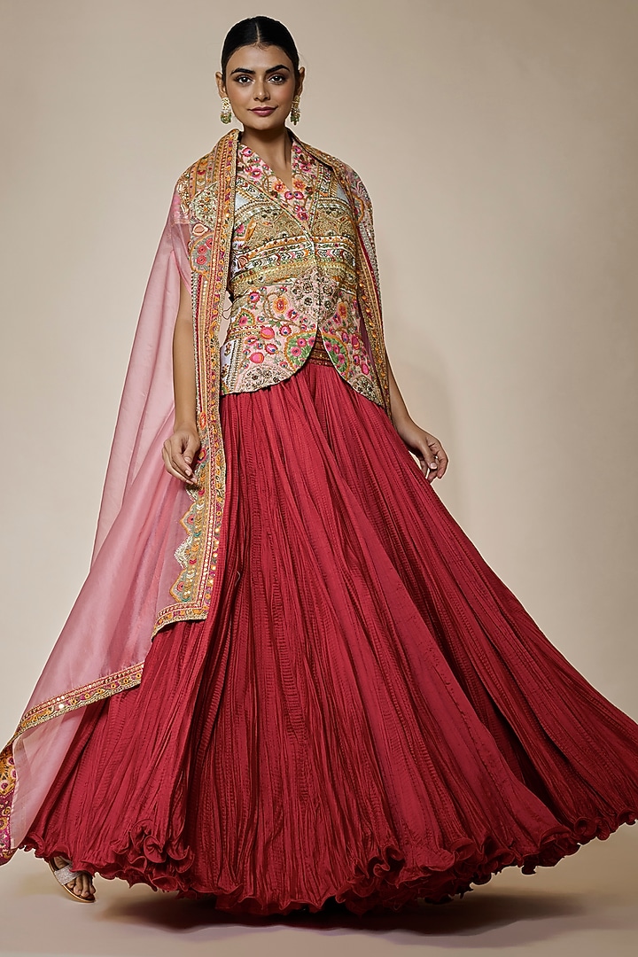 Red Chanderi Silk Jacket Bridal Lehenga Set by Debyani at Pernia's Pop Up Shop