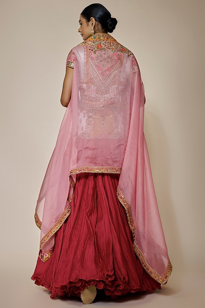 Red Chanderi Silk Jacket Bridal Lehenga Set by Debyani at Pernia's Pop Up Shop