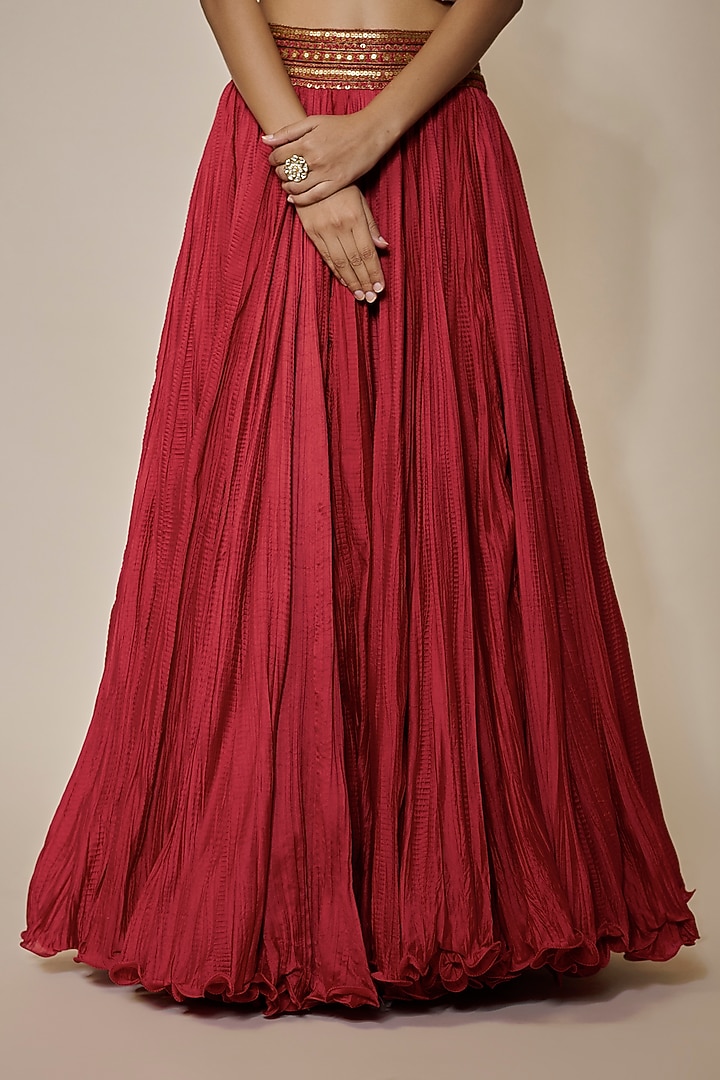Red Chanderi Silk Jacket Bridal Lehenga Set by Debyani at Pernia's Pop Up Shop