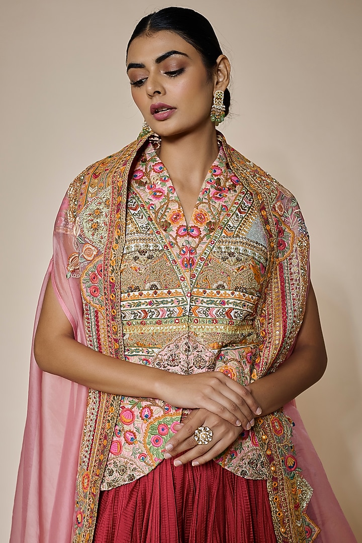 Red Chanderi Silk Jacket Bridal Lehenga Set by Debyani at Pernia's Pop Up Shop