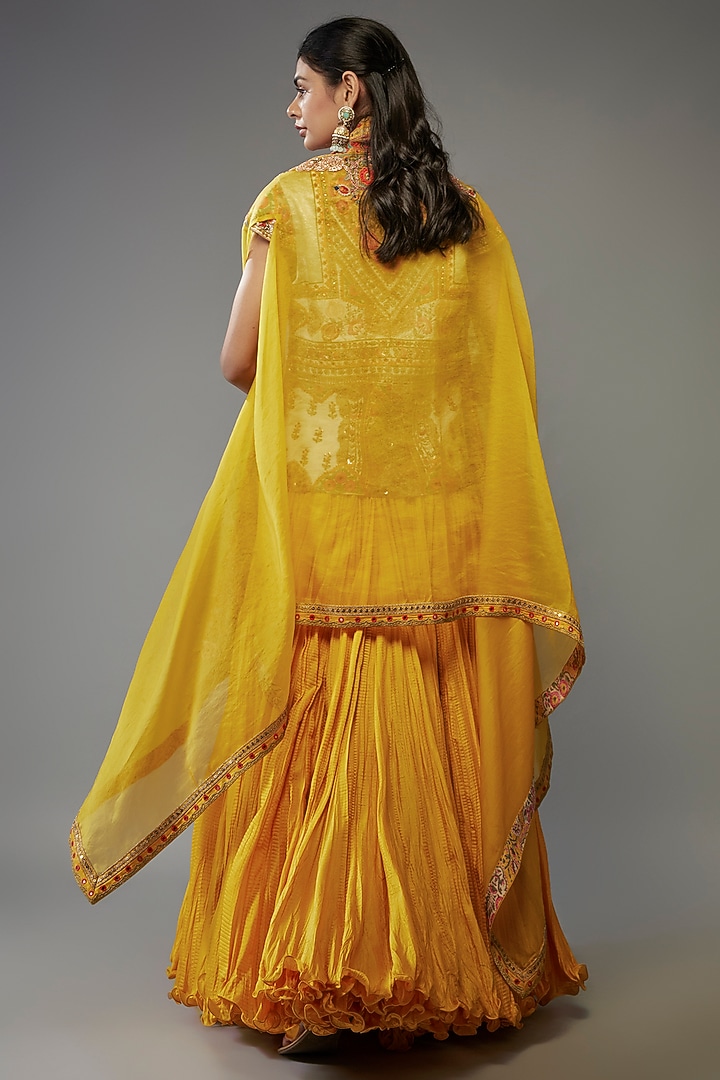 Mustard Chanderi Silk Patchwork Jacket Set by Debyani at Pernia's Pop Up Shop