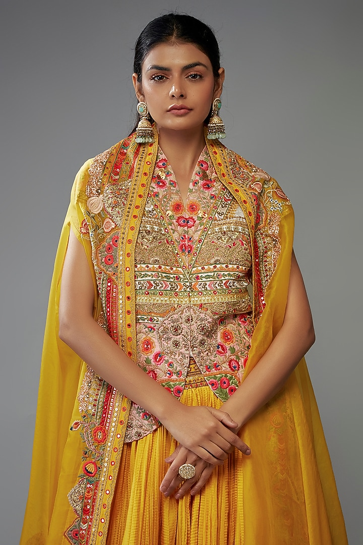 Mustard Chanderi Silk Patchwork Jacket Set by Debyani at Pernia's Pop Up Shop