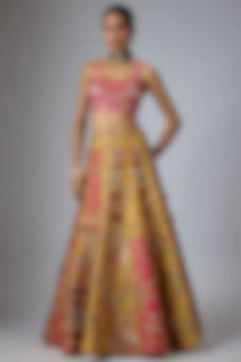 Multi-Colored Silk Abstract Printed & Paisley Embroidered Kalidar Bridal Lehenga Set by Debyani at Pernia's Pop Up Shop