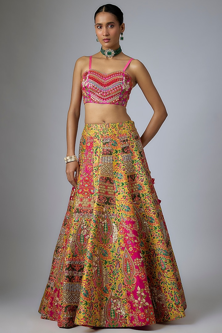 Multi-Colored Silk Abstract Printed & Paisley Embroidered Kalidar Bridal Lehenga Set by Debyani at Pernia's Pop Up Shop