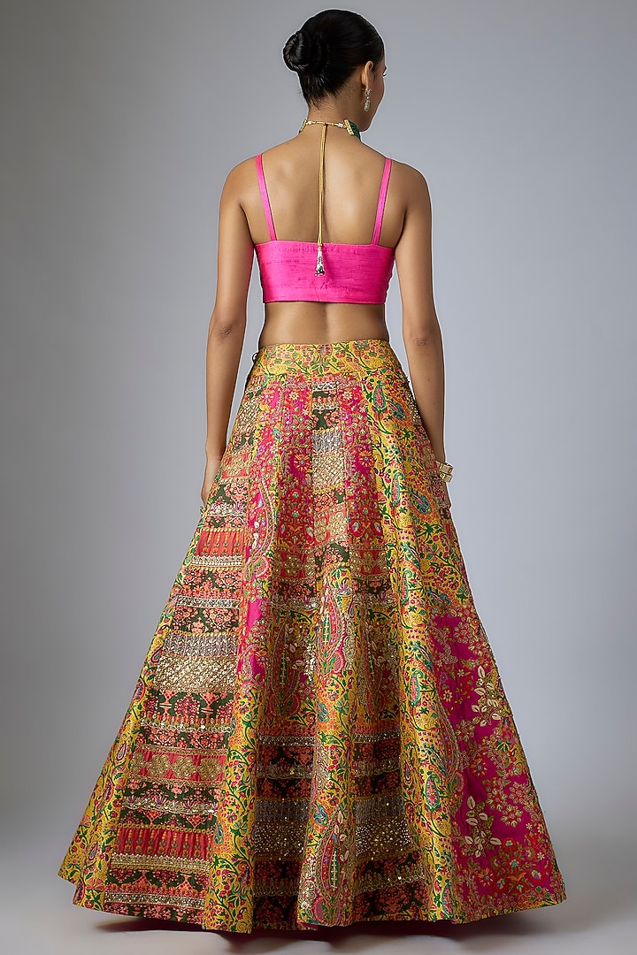 Multi-Colored Silk Abstract Printed & Paisley Embroidered Kalidar Bridal Lehenga Set by Debyani at Pernia's Pop Up Shop