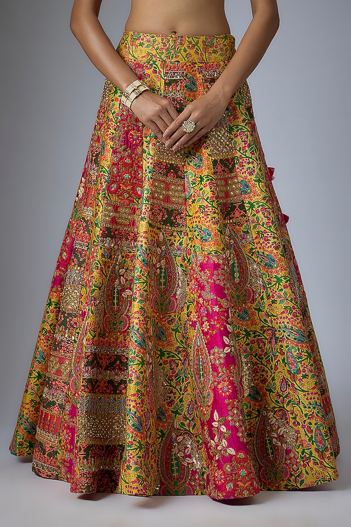 Multi-Colored Silk Abstract Printed & Paisley Embroidered Kalidar Bridal Lehenga Set by Debyani at Pernia's Pop Up Shop
