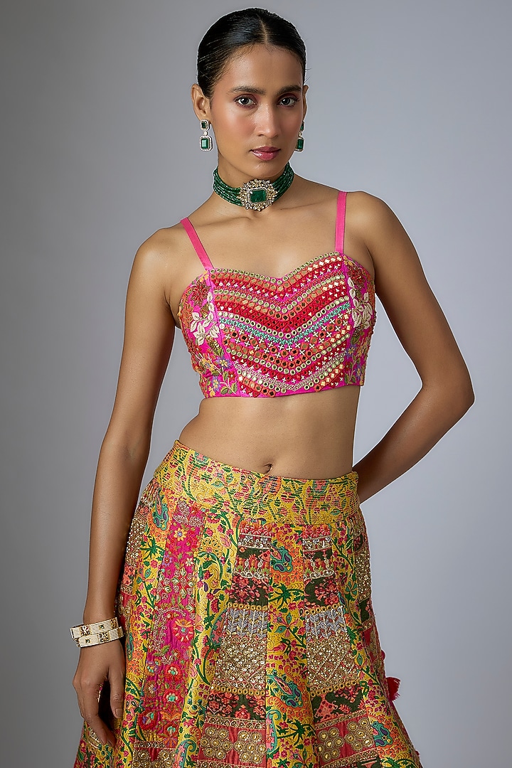 Multi-Colored Silk Abstract Printed & Paisley Embroidered Kalidar Bridal Lehenga Set by Debyani at Pernia's Pop Up Shop