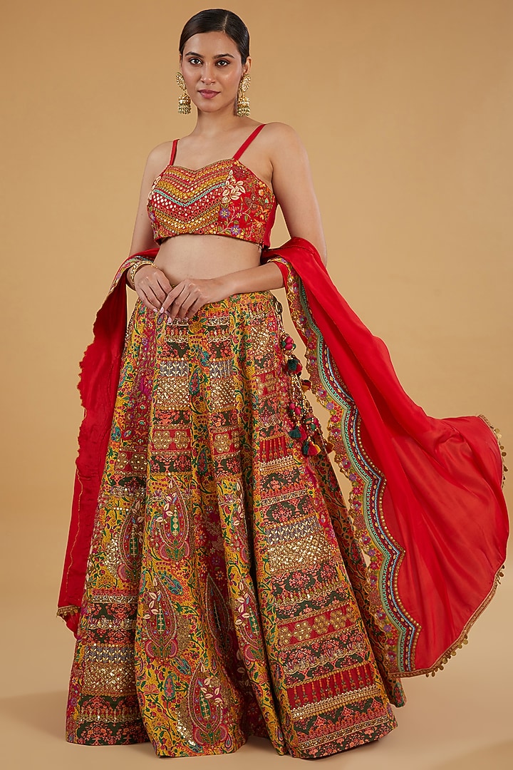 Red Chanderi Silk Mirror Embroidered Bridal Lehenga Set by Debyani at Pernia's Pop Up Shop