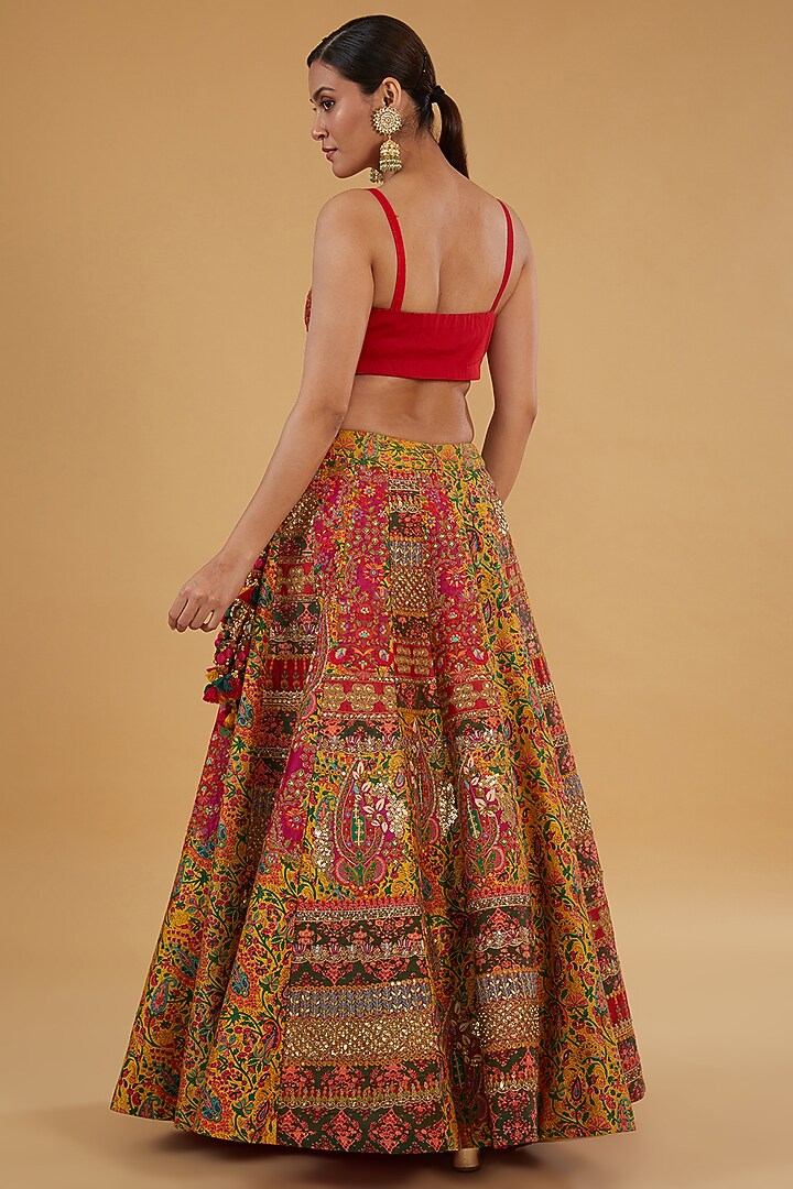 Red Chanderi Silk Mirror Embroidered Bridal Lehenga Set by Debyani at Pernia's Pop Up Shop