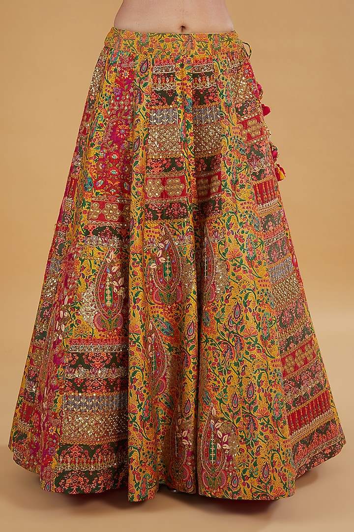 Red Chanderi Silk Mirror Embroidered Bridal Lehenga Set by Debyani at Pernia's Pop Up Shop