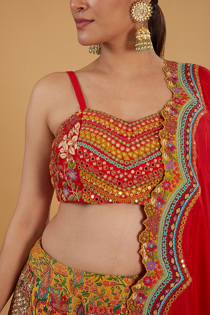 Red Chanderi Silk Mirror Embroidered Bridal Lehenga Set by Debyani at Pernia's Pop Up Shop