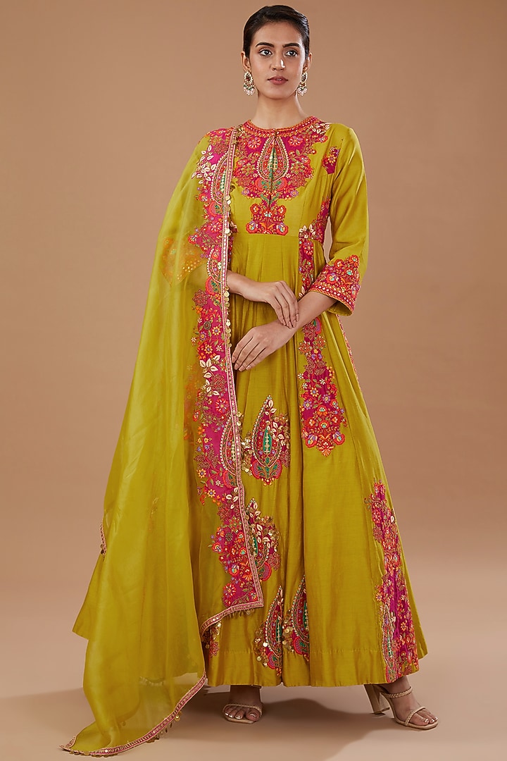 Mustard Chanderi Boota Embroidered Bridal Anarkali Set by Debyani at Pernia's Pop Up Shop