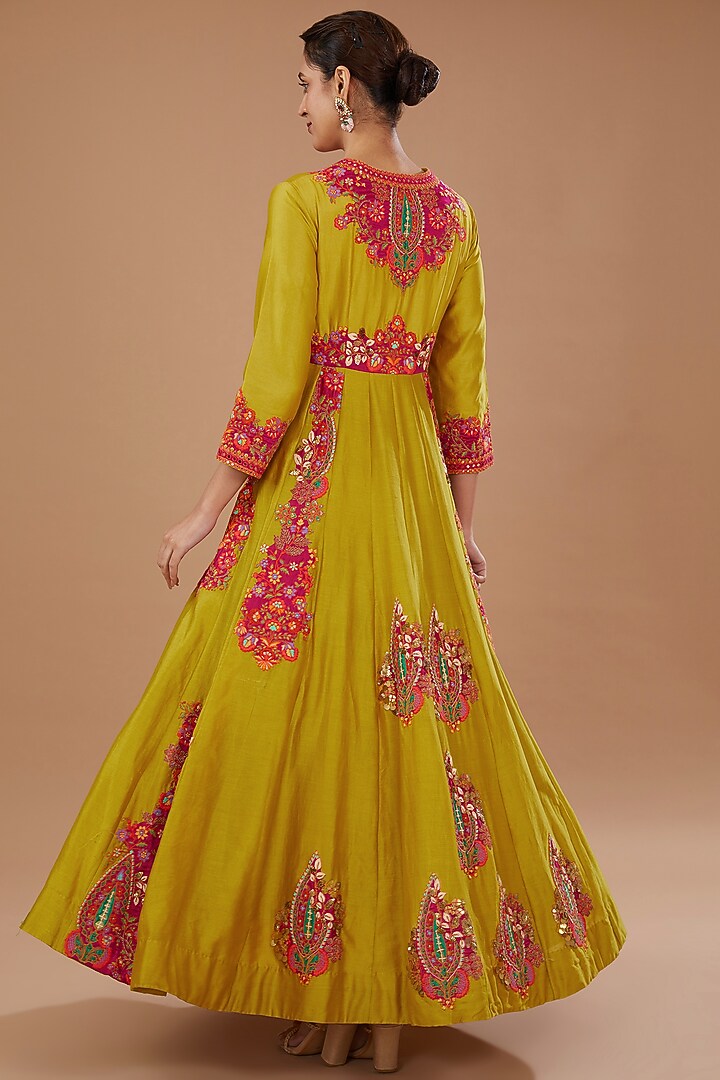 Mustard Chanderi Boota Embroidered Bridal Anarkali Set by Debyani at Pernia's Pop Up Shop