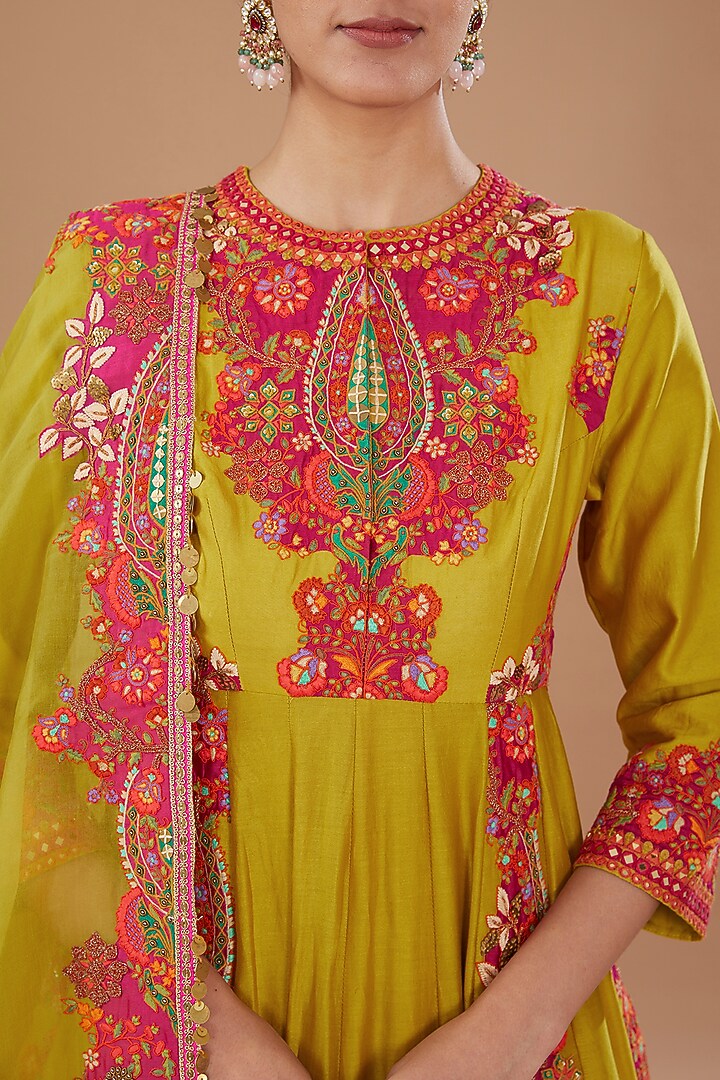 Mustard Chanderi Boota Embroidered Bridal Anarkali Set by Debyani at Pernia's Pop Up Shop