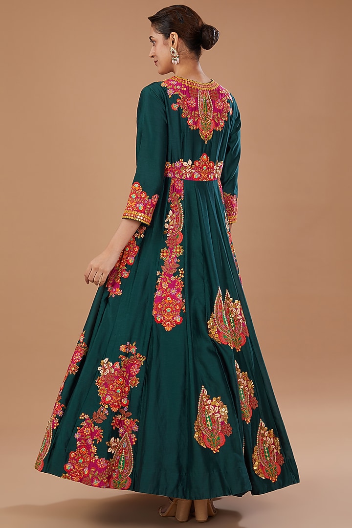 Green Chanderi Boota Embroidered Bridal Anarkali Set by Debyani at Pernia's Pop Up Shop