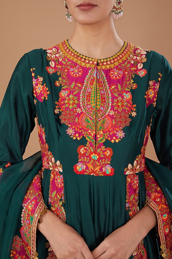 Green Chanderi Boota Embroidered Bridal Anarkali Set by Debyani at Pernia's Pop Up Shop
