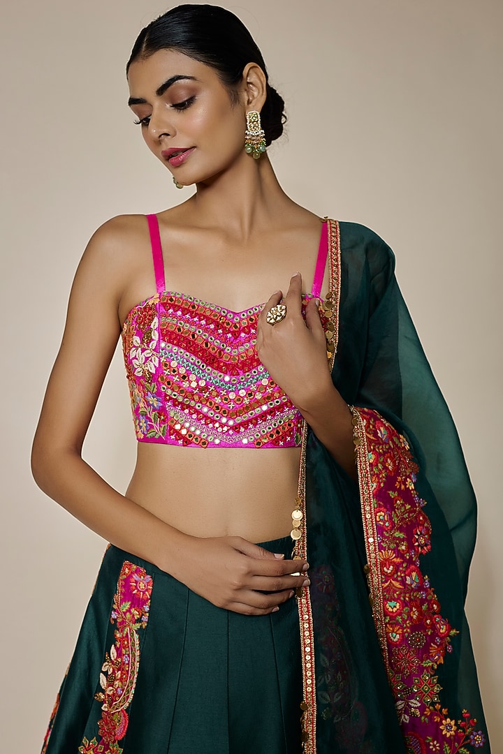 Dark Green Chanderi Silk Boota Embroidered Bridal Lehenga Set by Debyani at Pernia's Pop Up Shop