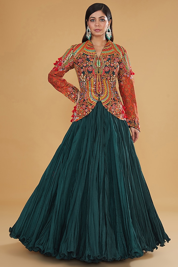 Multi-Colored Chanderi Silk Mirror Embroidered Jacket Set by Debyani