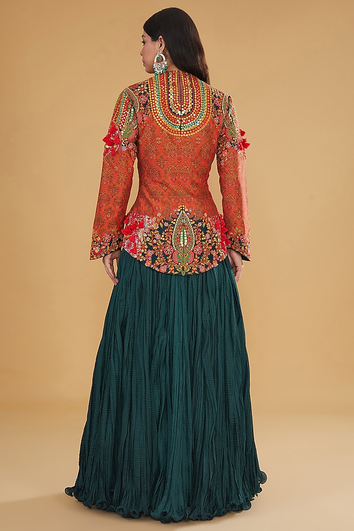 Multi-Colored Chanderi Silk Mirror Embroidered Jacket Set by Debyani at Pernia's Pop Up Shop
