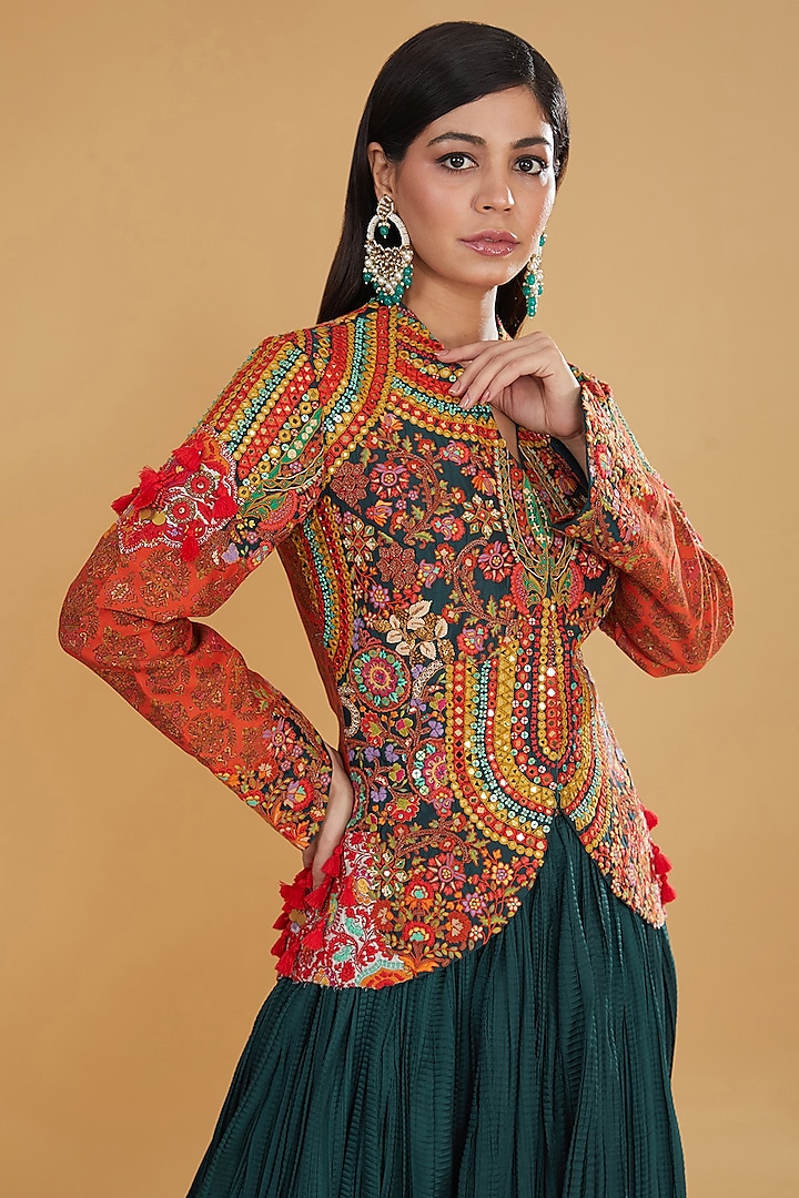 Multi-Colored Chanderi Silk Mirror Embroidered Jacket Set by Debyani at Pernia's Pop Up Shop