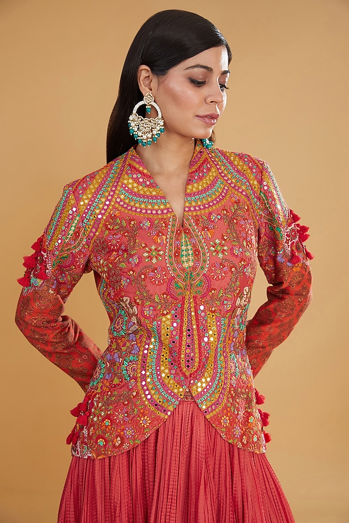 Multi-Colored Chanderi Silk Mirror Embroidered Jacket Set by Debyani at Pernia's Pop Up Shop