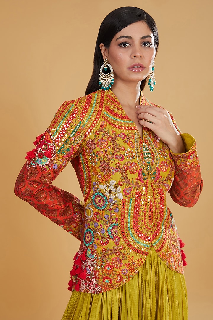 Multi-Colored Chanderi Silk Mirror Embroidered Jacket Set by Debyani at Pernia's Pop Up Shop