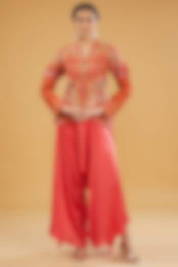 Orange Chanderi Silk Mirror Work Short Jacket Set by Debyani