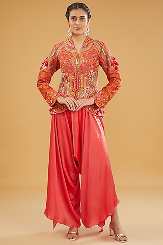 Orange Chanderi Silk Mirror Work Short Jacket Set by Debyani