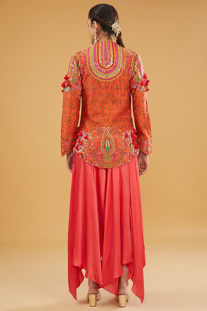 Orange Chanderi Silk Mirror Work Short Jacket Set by Debyani at Pernia's Pop Up Shop