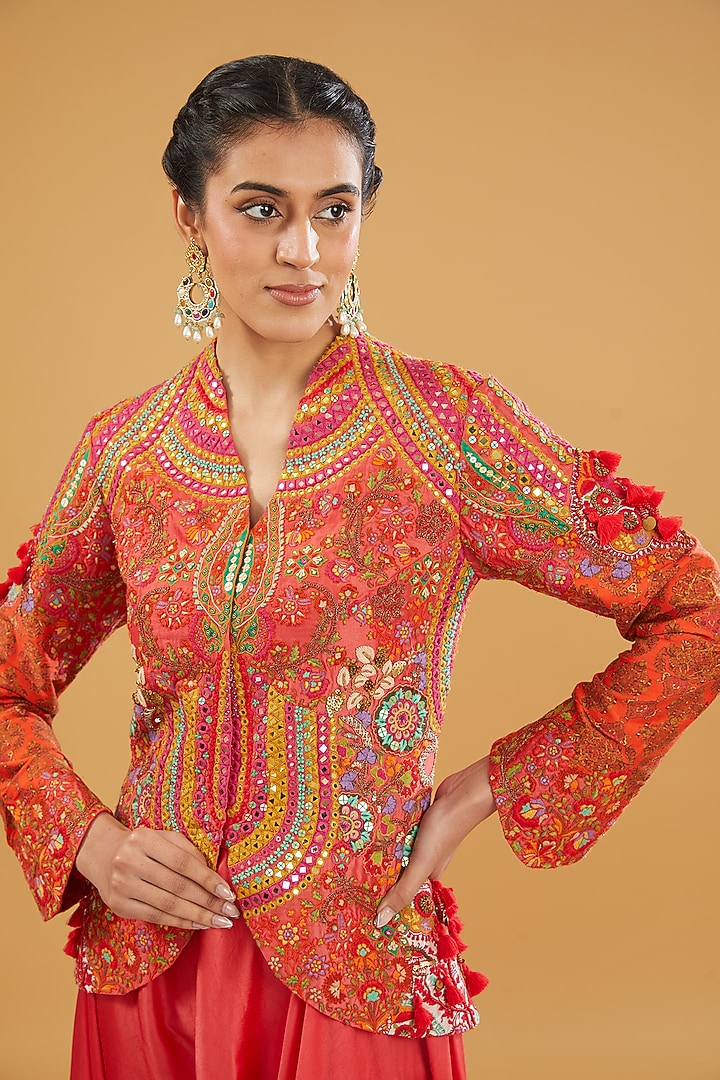 Orange Chanderi Silk Mirror Work Short Jacket Set by Debyani at Pernia's Pop Up Shop
