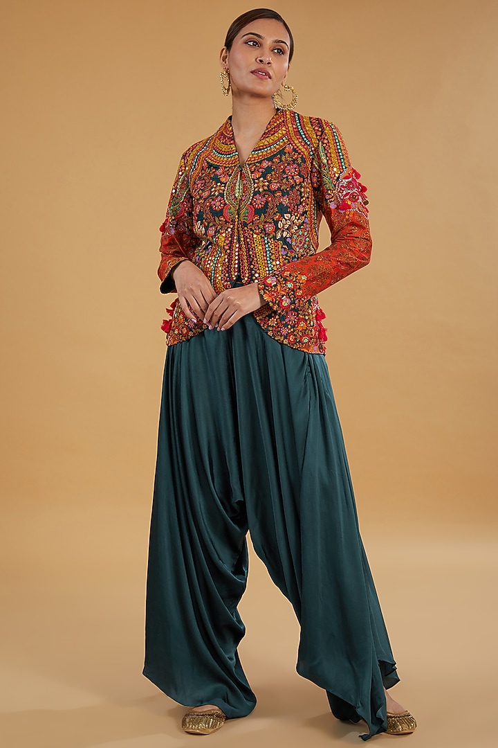 Multi-Colored Chanderi Silk & Modal Satin Mirror Work Jacket Set by Debyani at Pernia's Pop Up Shop