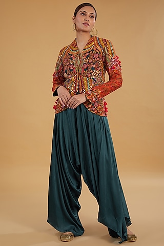 Multi-Colored Chanderi Silk & Modal Satin Mirror Work Jacket Set by Debyani