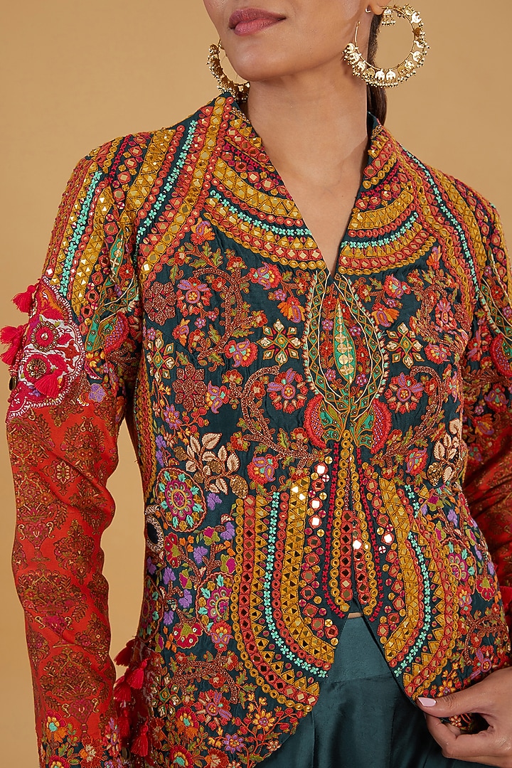 Multi-Colored Chanderi Silk & Modal Satin Mirror Work Jacket Set by Debyani at Pernia's Pop Up Shop