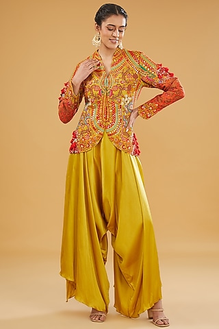Mustard Chanderi Silk Mirror Work Short Jacket Set by Debyani