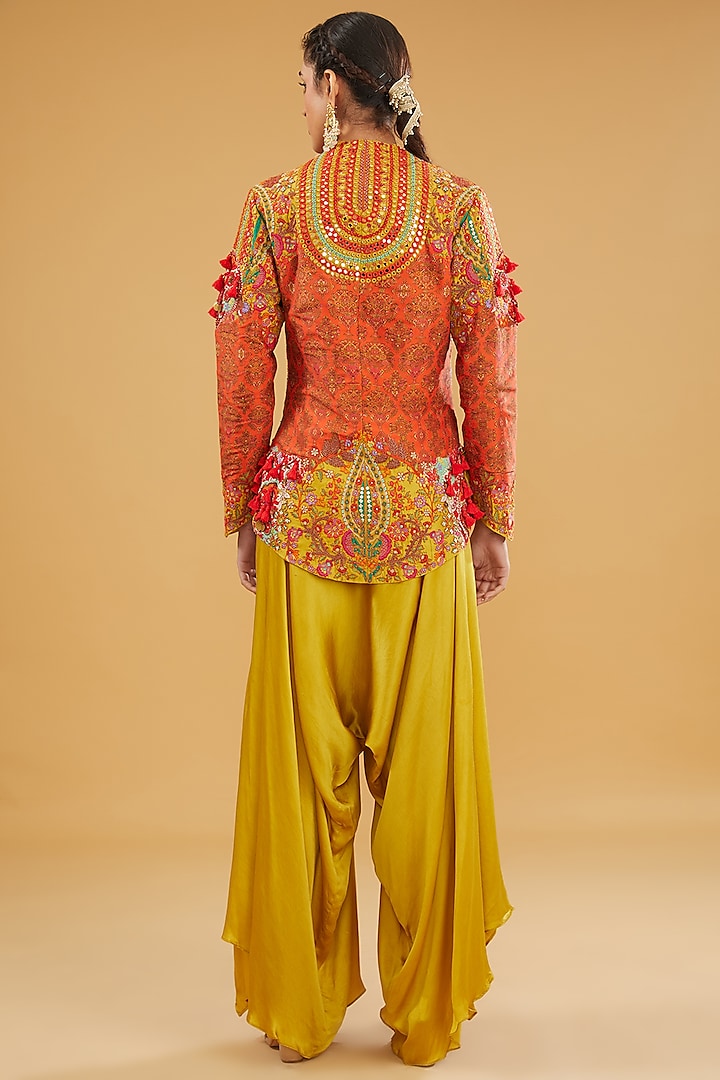 Mustard Chanderi Silk Mirror Work Short Jacket Set by Debyani at Pernia's Pop Up Shop