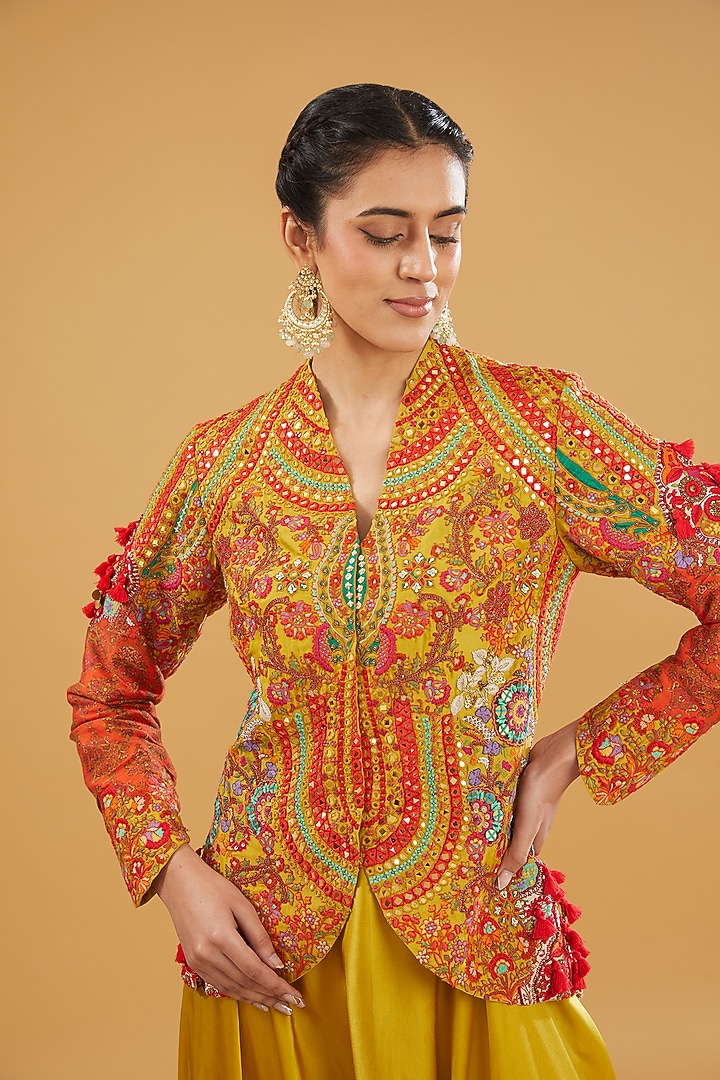 Mustard Chanderi Silk Mirror Work Short Jacket Set by Debyani at Pernia's Pop Up Shop