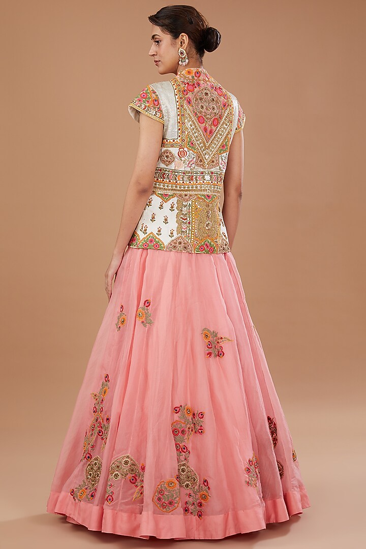 Pink Raw Silk & Organza Embroidered Skirt Set by Debyani at Pernia's Pop Up Shop
