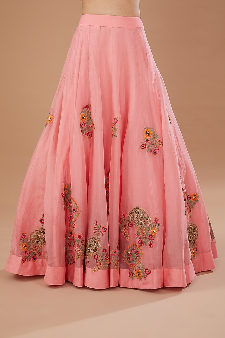 Pink Raw Silk & Organza Embroidered Skirt Set by Debyani at Pernia's Pop Up Shop