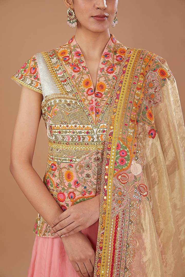 Pink Raw Silk & Organza Embroidered Skirt Set by Debyani at Pernia's Pop Up Shop