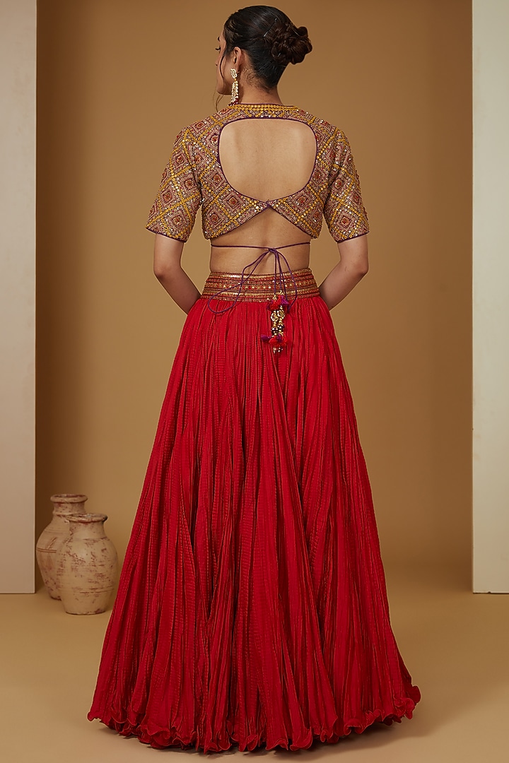 Red Chanderi Silk Crushed Bridal Lehenga Set by Debyani at Pernia's Pop Up Shop