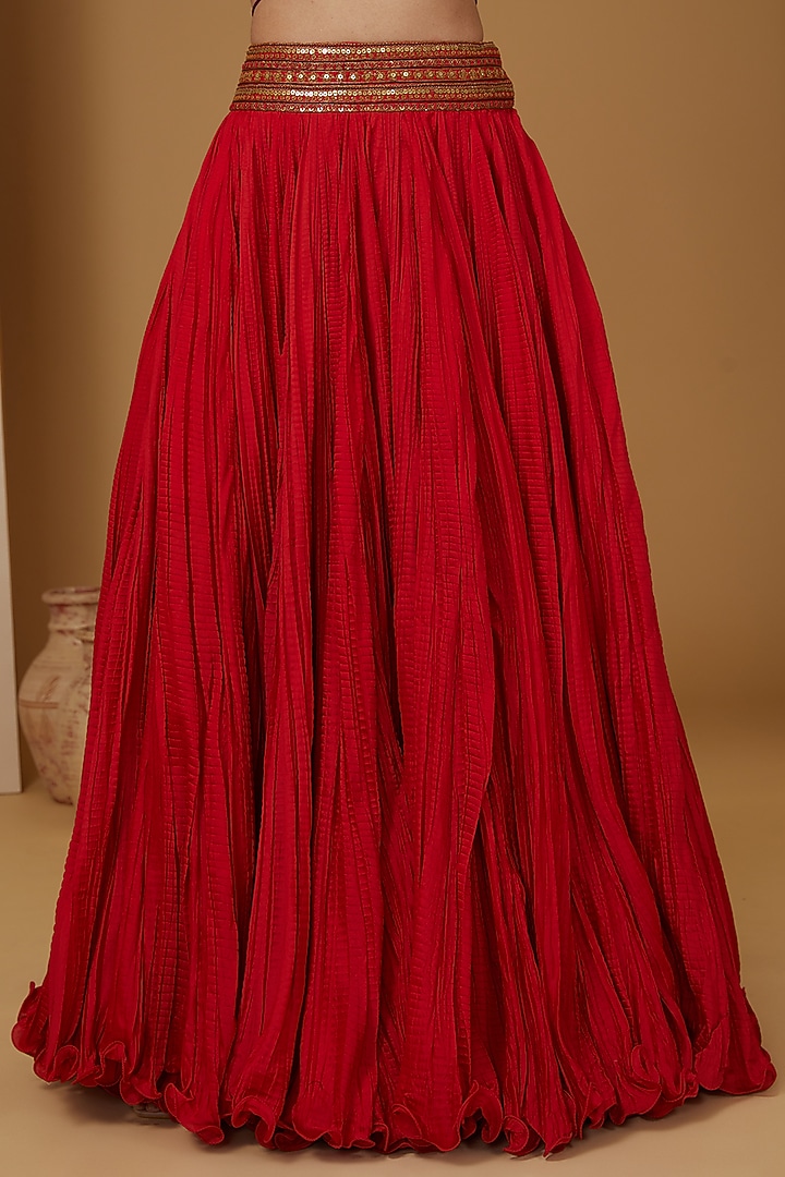 Red Chanderi Silk Crushed Bridal Lehenga Set by Debyani at Pernia's Pop Up Shop