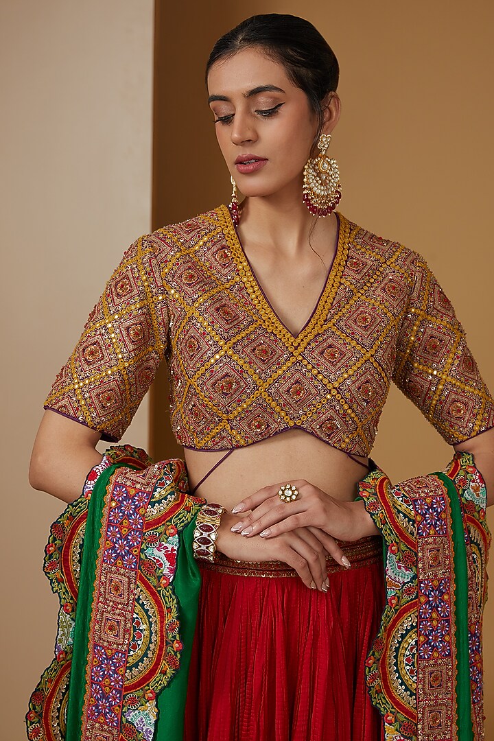 Red Chanderi Silk Crushed Bridal Lehenga Set by Debyani at Pernia's Pop Up Shop