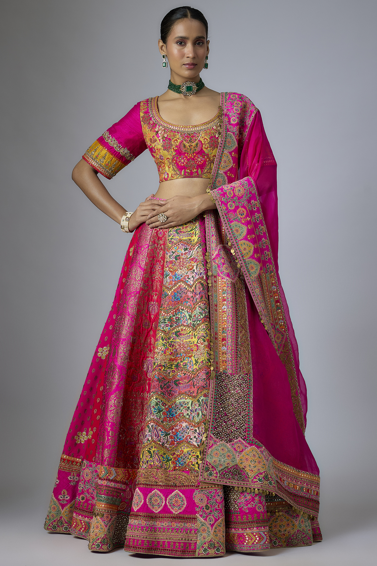 Red & Rani Brocade Abstract Printed & Patchwork Bridal Lehenga Set by Debyani at Pernia's Pop Up Shop
