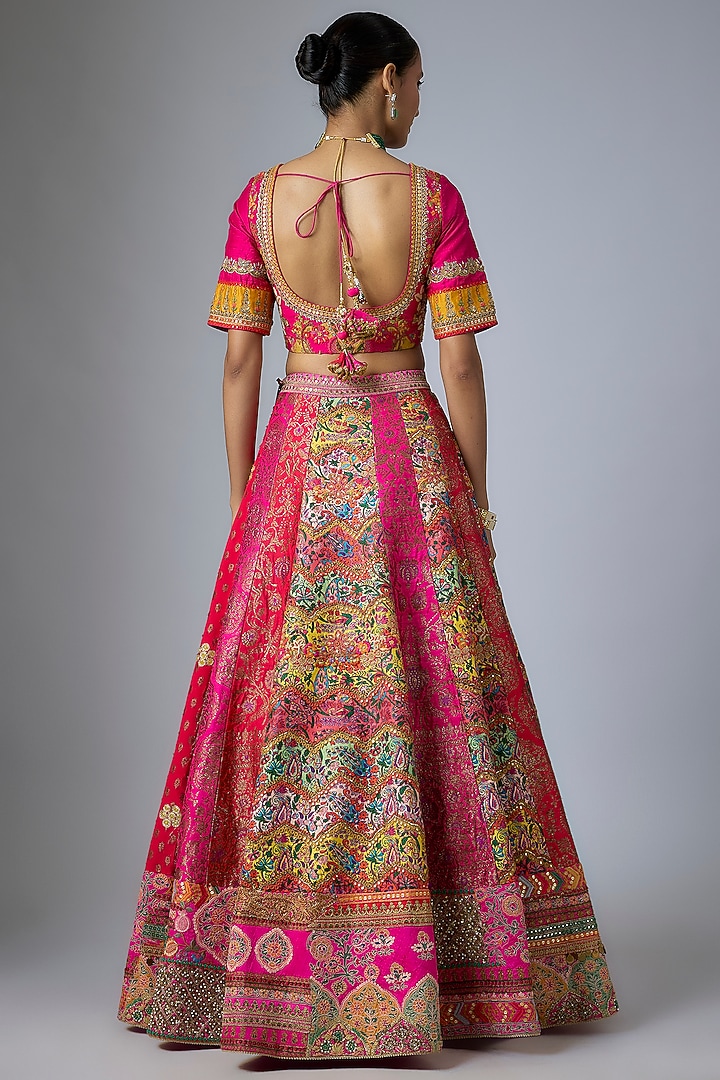 Red & Rani Brocade Abstract Printed & Patchwork Bridal Lehenga Set by Debyani at Pernia's Pop Up Shop