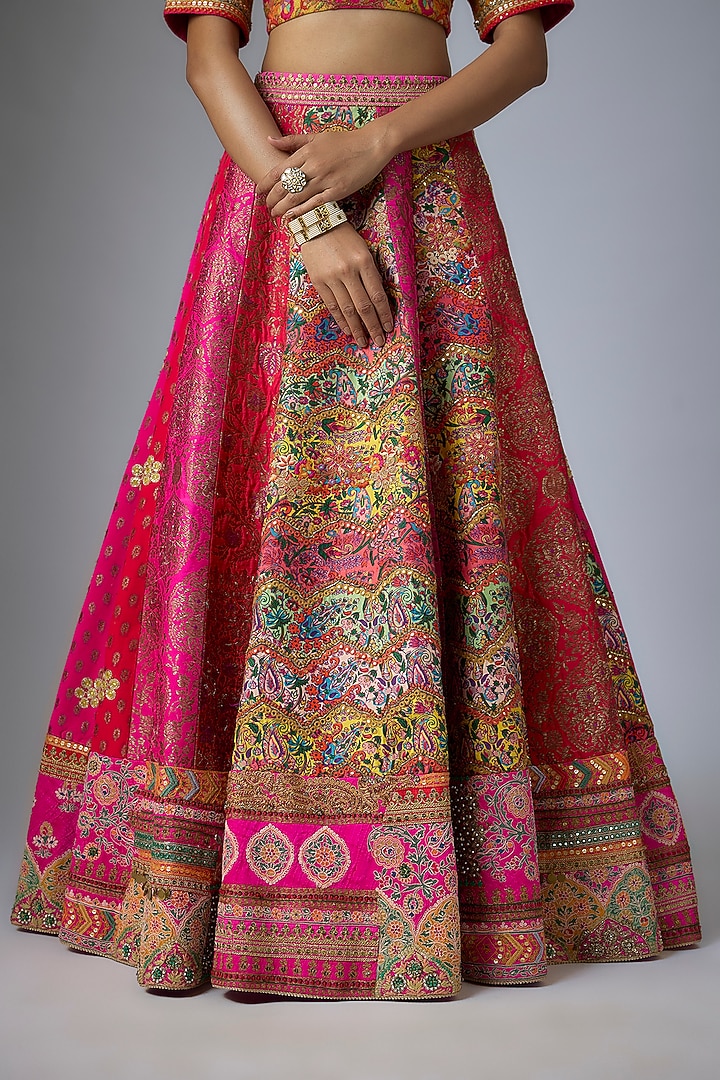 Red & Rani Brocade Abstract Printed & Patchwork Bridal Lehenga Set by Debyani at Pernia's Pop Up Shop