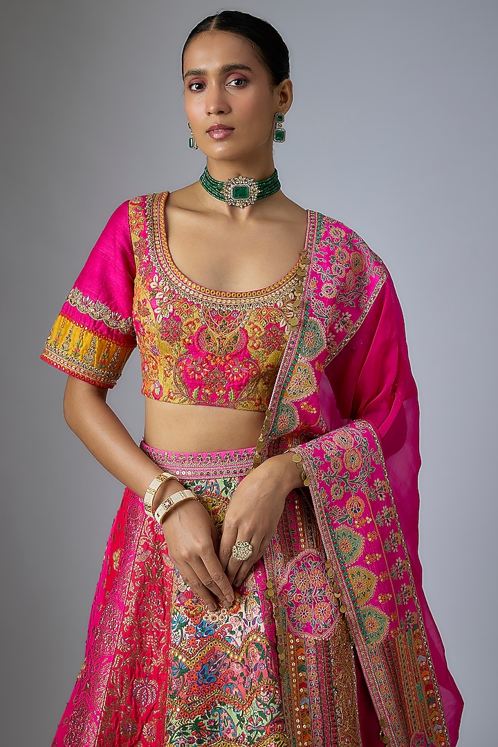 Red & Rani Brocade Abstract Printed & Patchwork Bridal Lehenga Set by Debyani at Pernia's Pop Up Shop